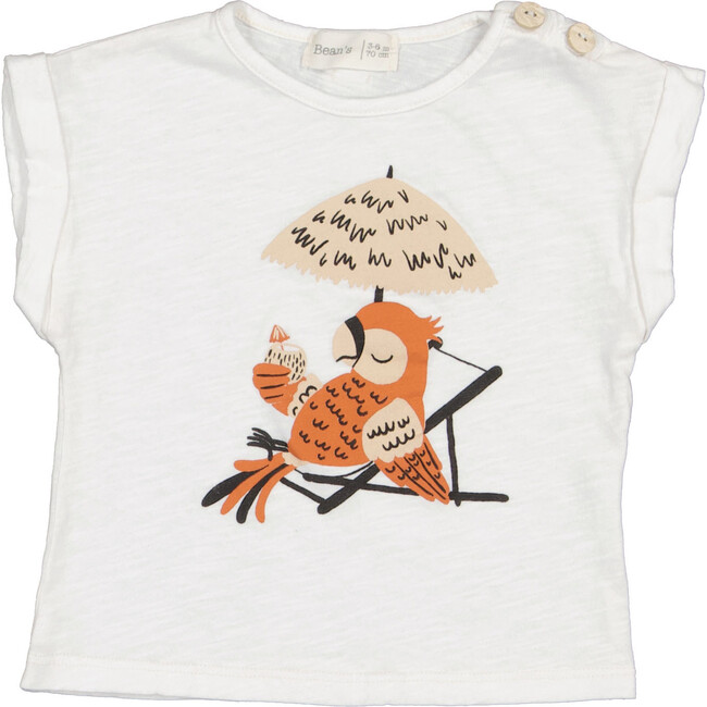 Lounging Parrot Print 2-Buttoned T-Shirt, Off-White
