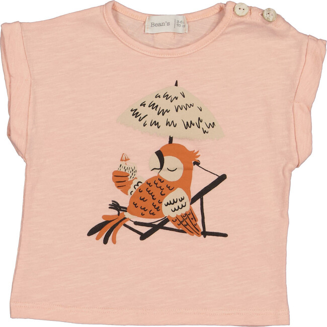 Lounging Parrot Print 2-Buttoned T-Shirt, Pink