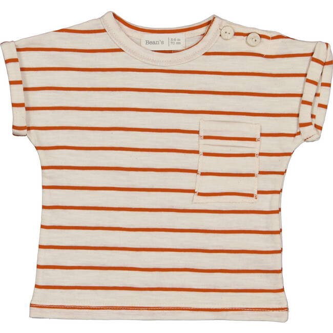 Striped Short Folded Sleeve T-Shirt, Brick & Cream