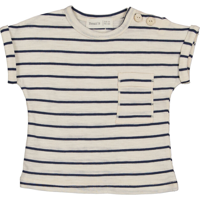 Striped Short Folded Sleeve T-Shirt, Navy & Cream