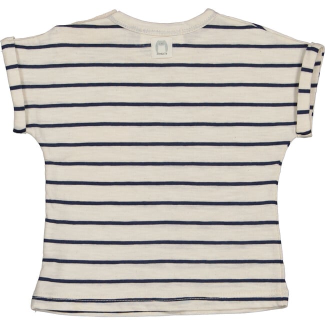 Striped Short Folded Sleeve T-Shirt, Navy & Cream - T-Shirts - 2