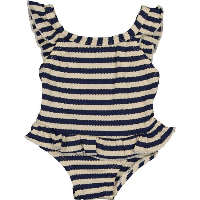 Striped Ruffled Waist Swimsuit, Navy & Beige