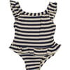 Striped Ruffled Waist Swimsuit, Navy & Beige - One Pieces - 1 - thumbnail