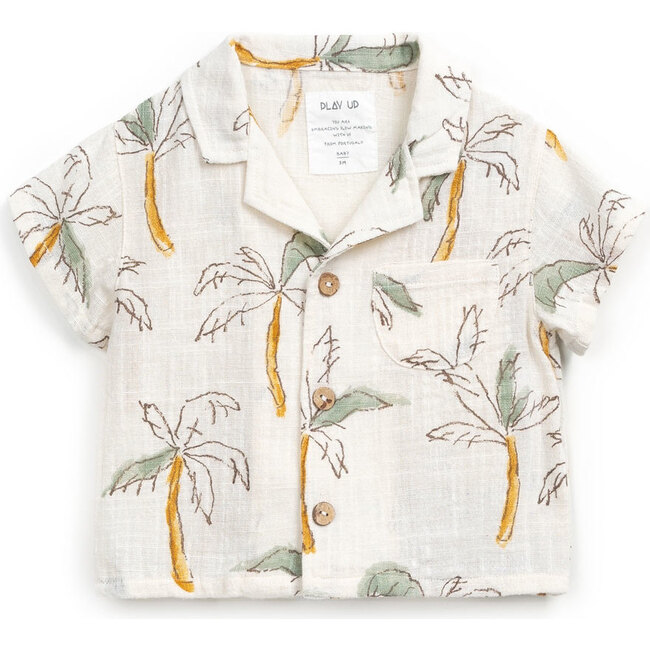 All-Over Print Woven Palm Trees Short Sleeve Shirt, Cream