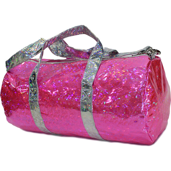 Holographic Shine Contrast Handle Duffel Bag, Pink & Silver