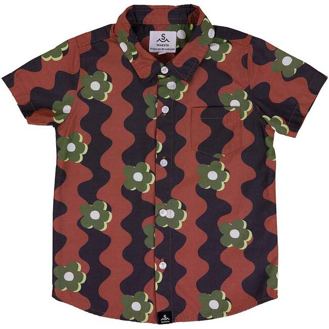 Wavy Daisy Camouflage Short Sleeve Button-Up Shirt, Tan & Olive