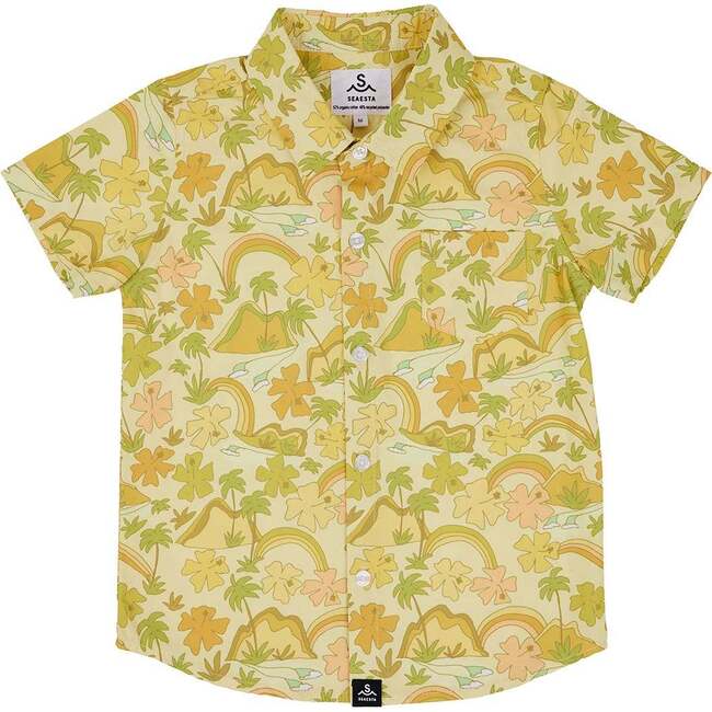 Surfy Birdy Print Short Sleeve Button-Up Shirt, Hibiscus