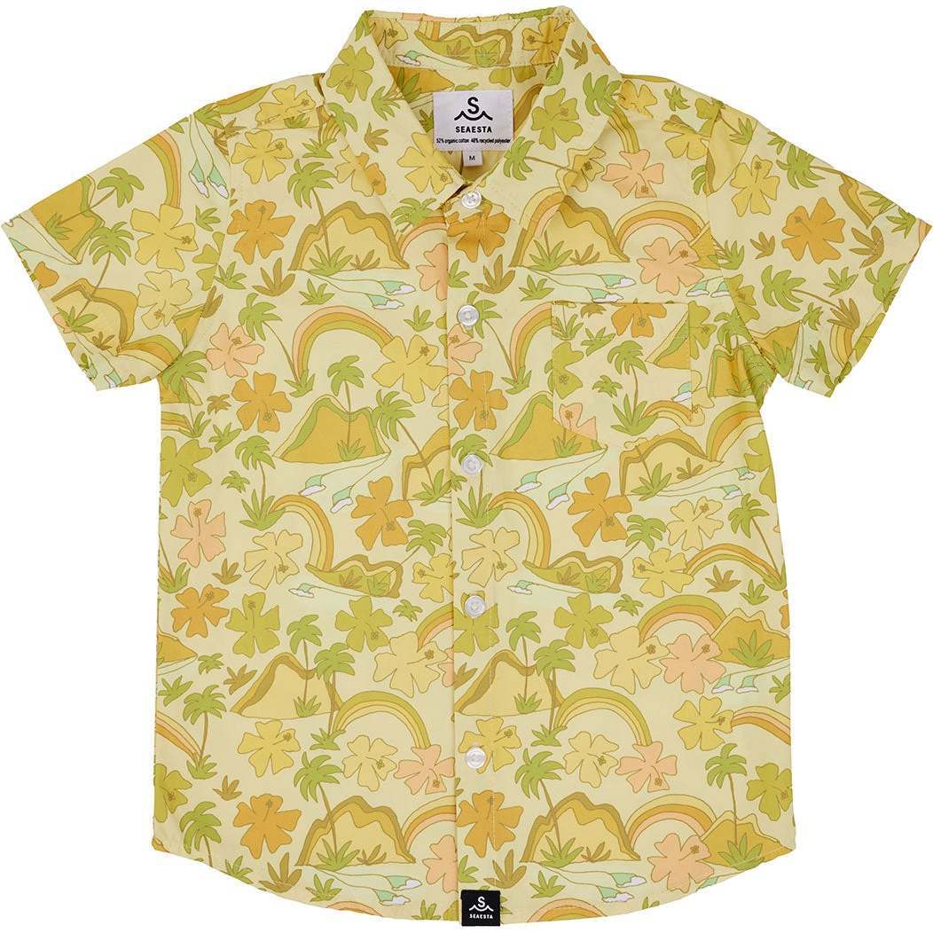 Surfy Birdy Print Short Sleeve Button-Up Shirt, Hibiscus - Shirts - 1