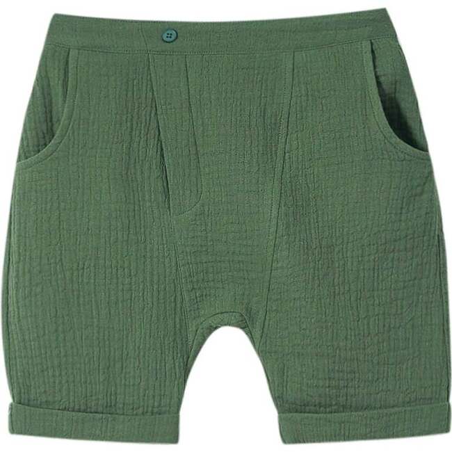 Kids Gauze Rounded Pocket Rolled-Up Shorts, Green