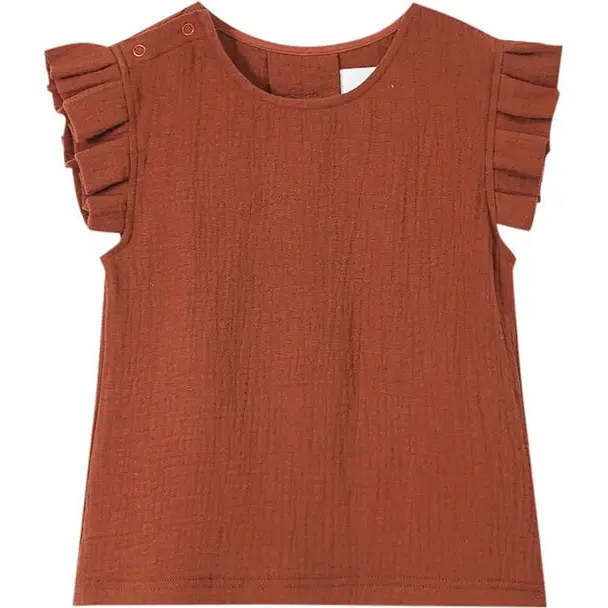 Girls Gauze Box Pleated Sleeve Top, Terracotta - Blouses - 1