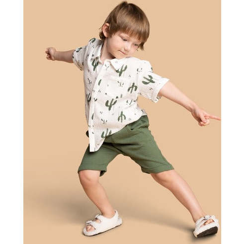 Boys Print Gauze Button Down Shirt, Off-White - Button Downs - 4