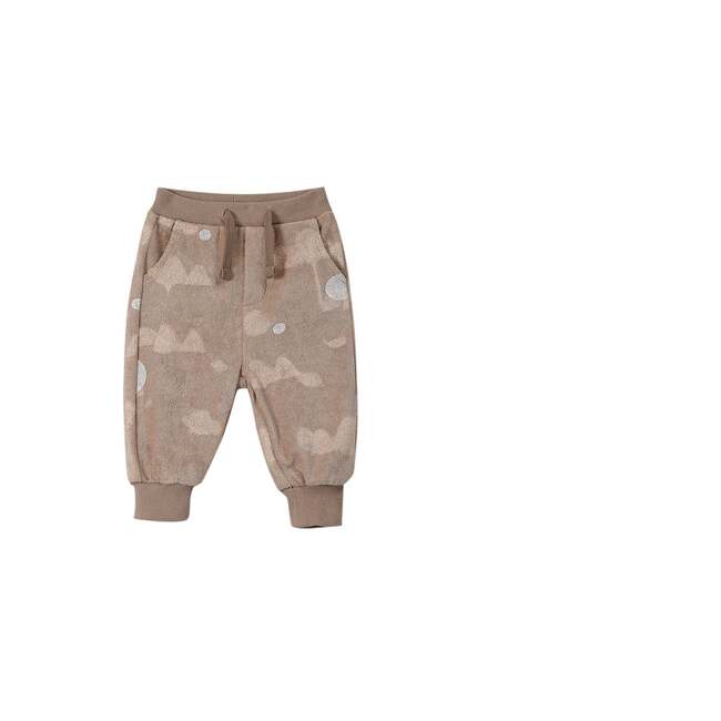 Baby Terry Mountains Print Ribbed Hem Drawstring Joggers, Taupe