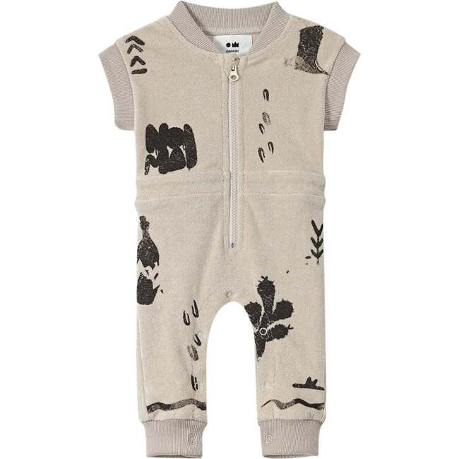 Baby Print Terry Short Ribbed Sleeve Zip-Up Flightsuit, Sand