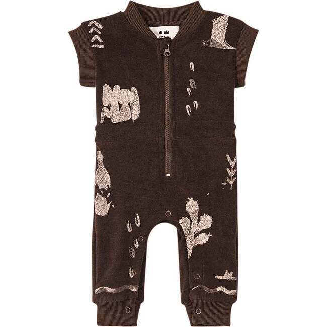Baby Print Terry Short Ribbed Sleeve Zip-Up Flightsuit, Brown