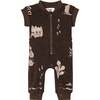 Baby Print Terry Short Ribbed Sleeve Zip-Up Flightsuit, Brown - Jumpsuits - 1 - thumbnail