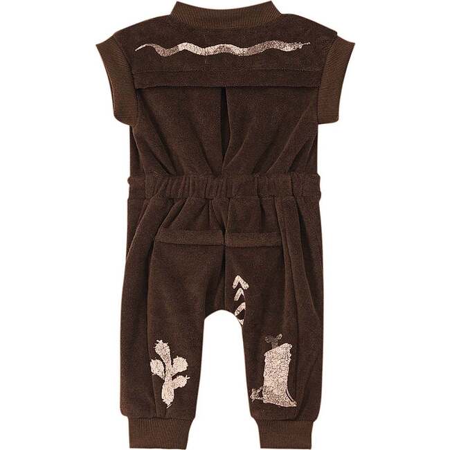 Baby Print Terry Short Ribbed Sleeve Zip-Up Flightsuit, Brown - Jumpsuits - 2