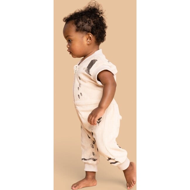 Baby Print Terry Short Ribbed Sleeve Zip-Up Flightsuit, Sand - Jumpsuits - 3