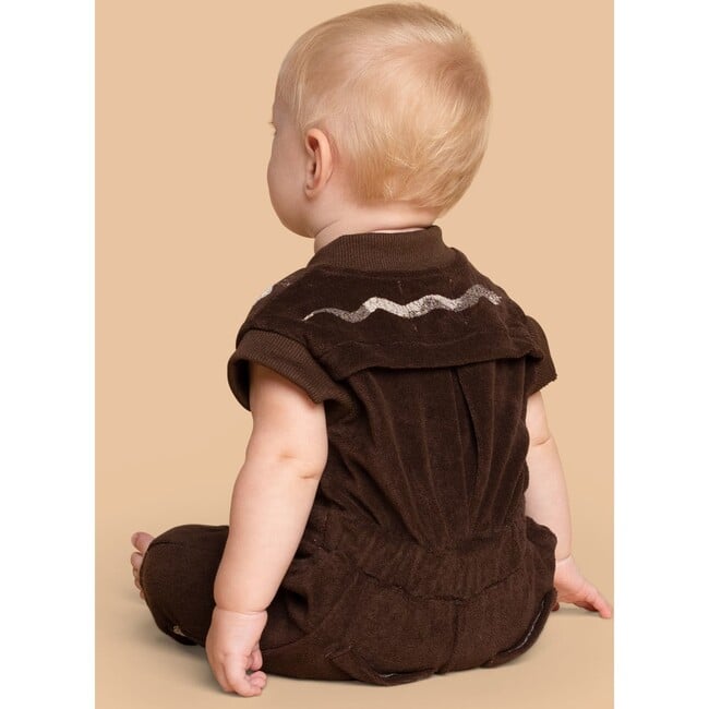 Baby Print Terry Short Ribbed Sleeve Zip-Up Flightsuit, Brown - Jumpsuits - 3