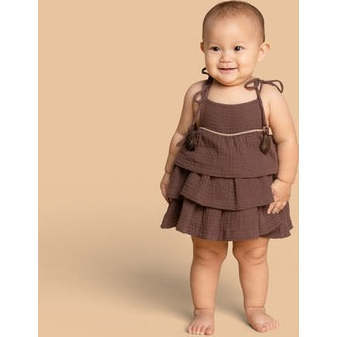 Baby Girl Piped Layered Ruffle Dress, Brown - Dresses - 2