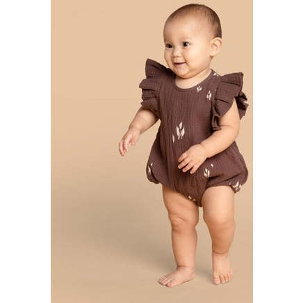 Baby Girls Box Pleated Ruffle Bubble Romper, Brown - Onesies - 4