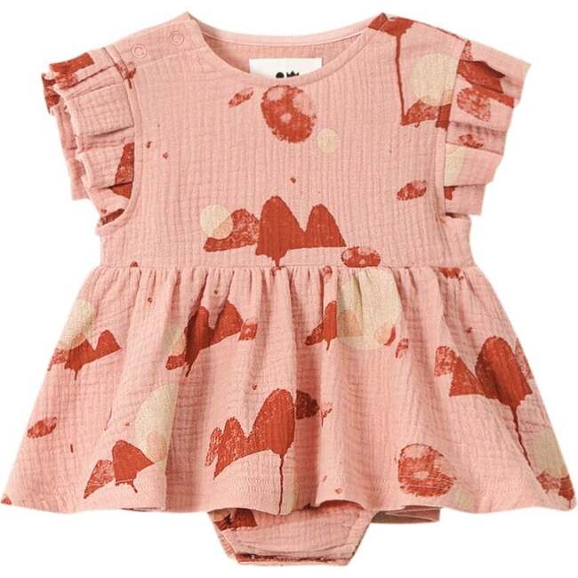 Baby Girl Mountain Print Box Pleated Sleeve Dress, Peach