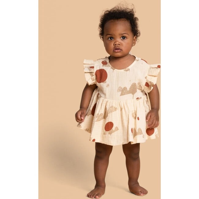 Baby Girl Mountain Print Box Pleated Sleeve Dress, Sand - Dresses - 2