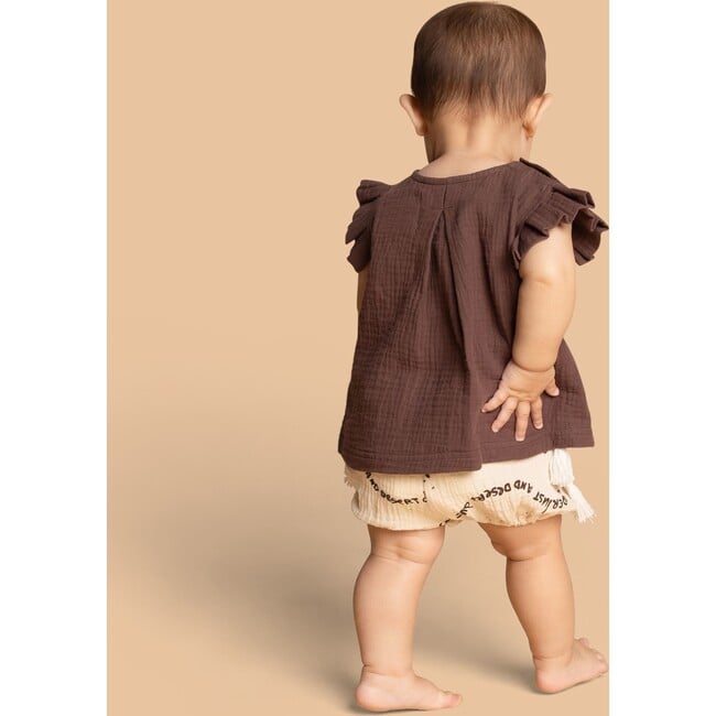 Baby Girls Gauze Box Pleated Sleeve Top, Brown - Blouses - 4