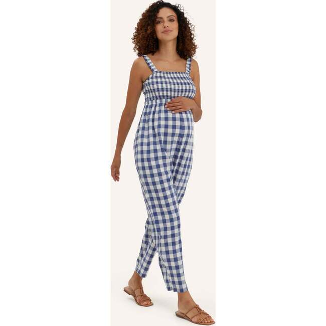 Women's Marais Plaid Smocked Bust Sleeveless Strap Jumpsuit, Navy & White - Jumpsuits - 2