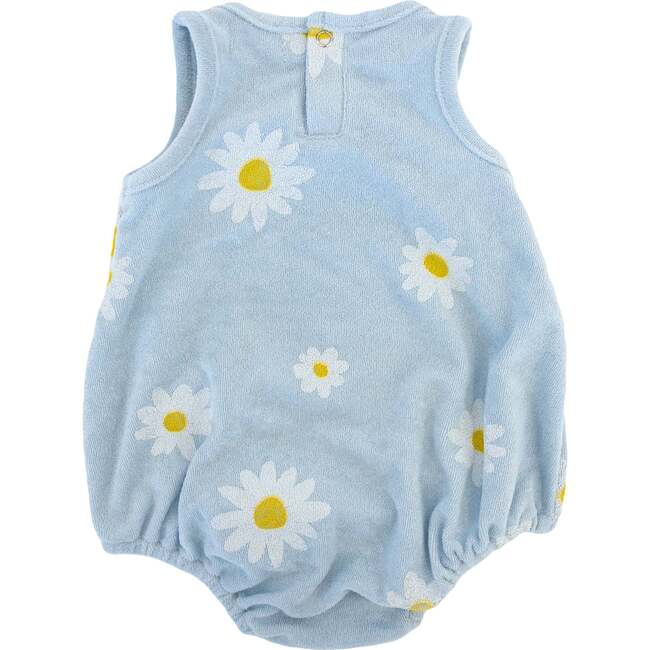 White Daisy Print Terry Bubble, Sky Blue - Rompers - 2