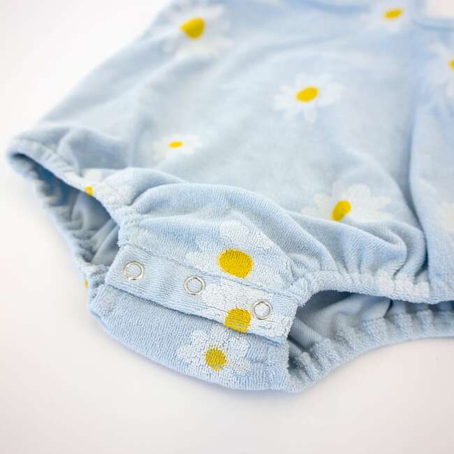 White Daisy Print Terry Bubble, Sky Blue - Rompers - 3