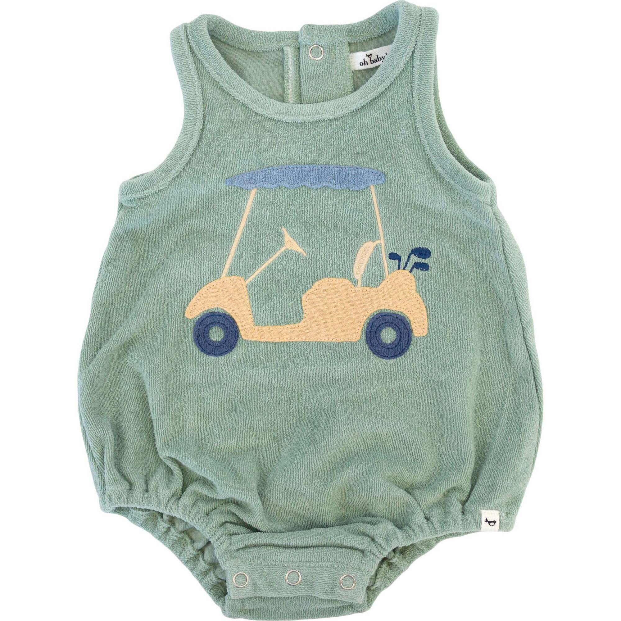 Golf Cart Denim Wheels  Applique Terry Bubble, Sage - Rompers - 1