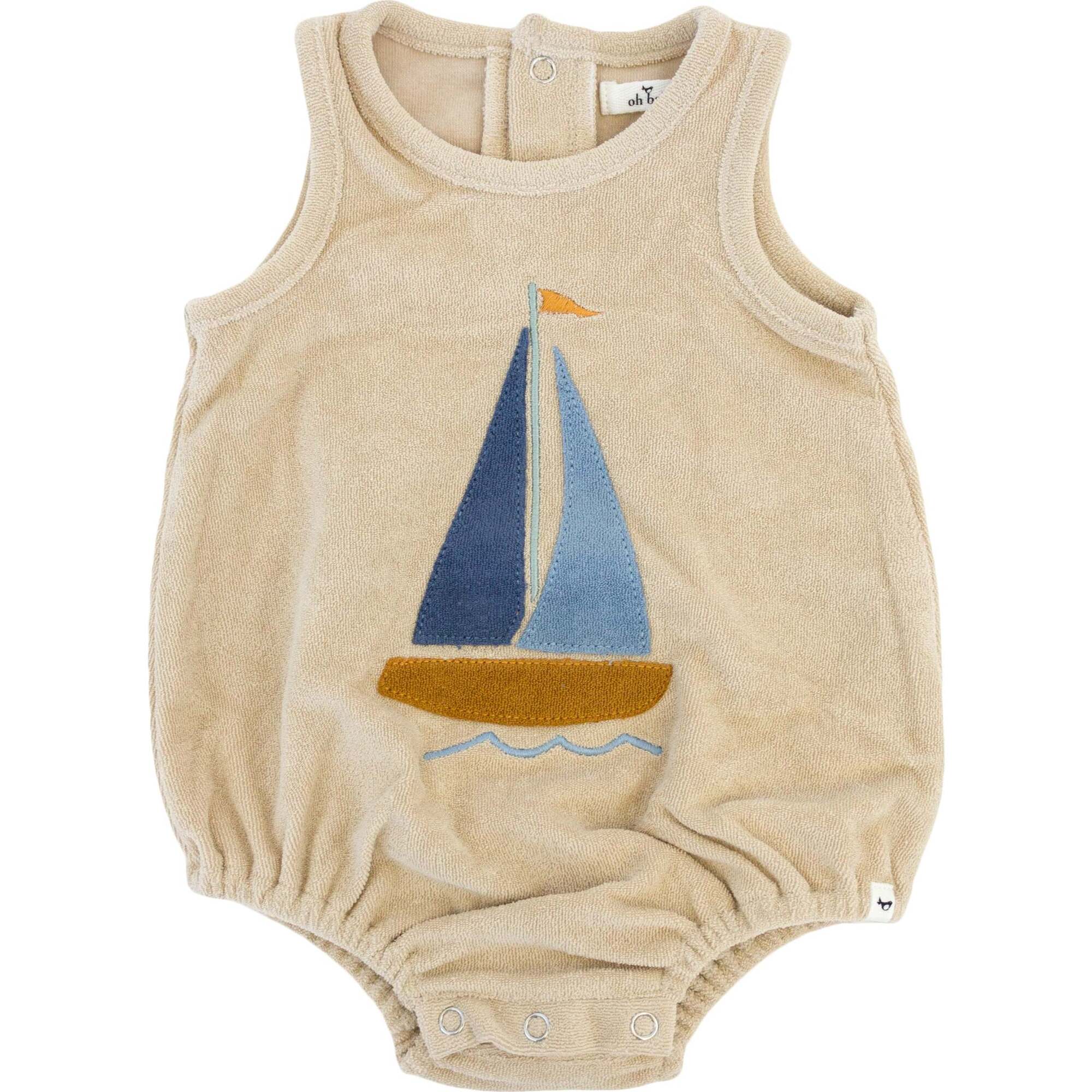 Denim Sailboat Terry Applique Terry Bubble, Sand - Rompers - 1