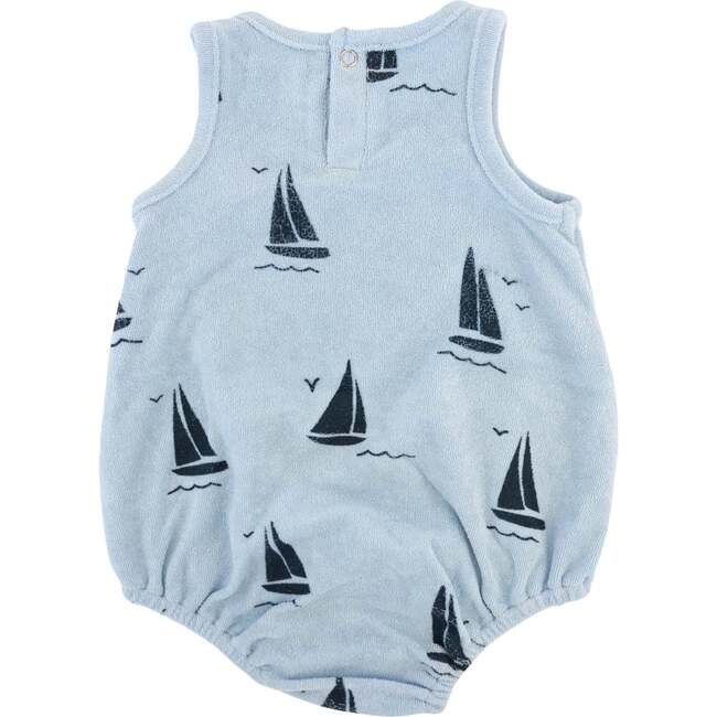 Denim Sailboat Print Terry Bubble, Sky Blue - Rompers - 2