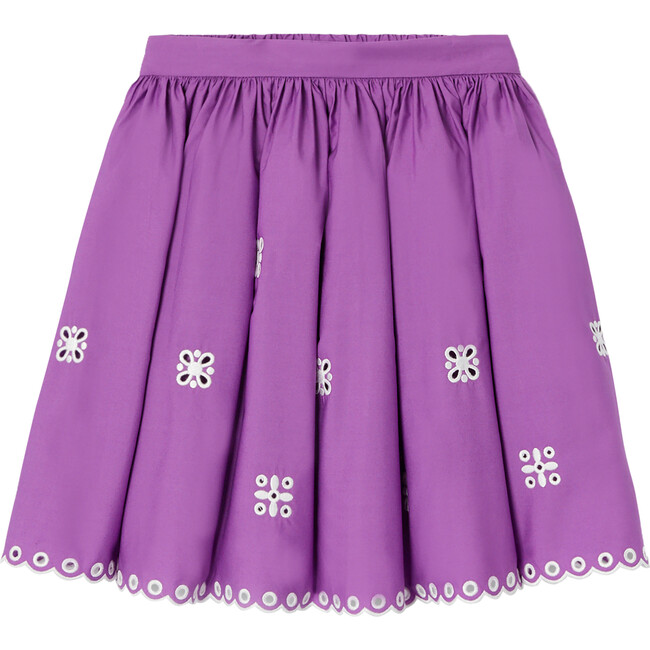 Girl Poplin Embroidered Gathered Waist Skirt, Purple