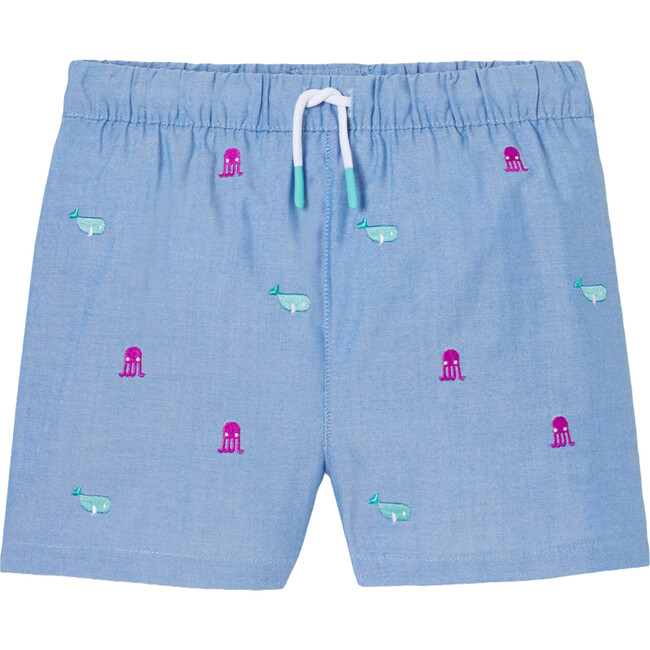 Boy Embroidered Swim Shorts, Light Blue