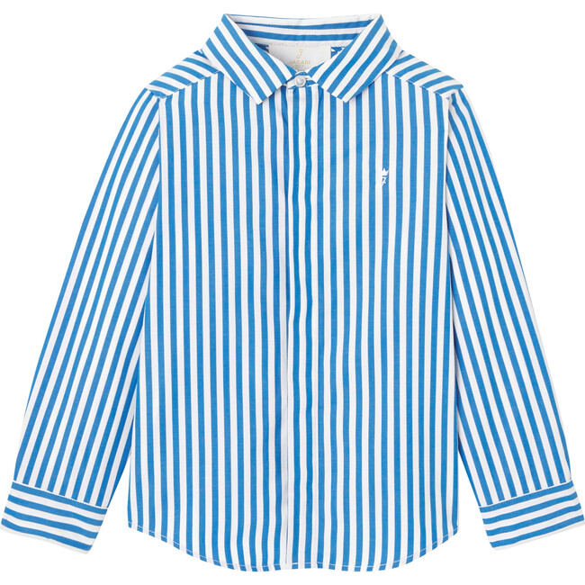Boy Embroidered Striped Poplin Shirt, White & Blue
