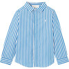 Boy Embroidered Striped Poplin Shirt, White & Blue - Shirts - 1 - thumbnail