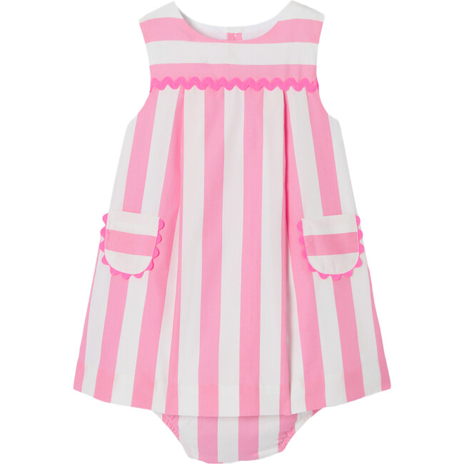 Baby Girl Striped Croquet Ribbon Dress, White & Pink
