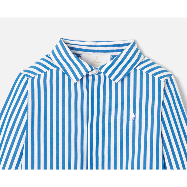 Boy Embroidered Striped Poplin Shirt, White & Blue - Shirts - 3
