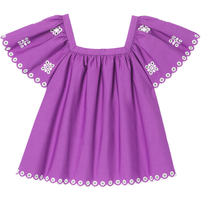 Girl Embroidered Ruffle Sleeve Blouse, Purple