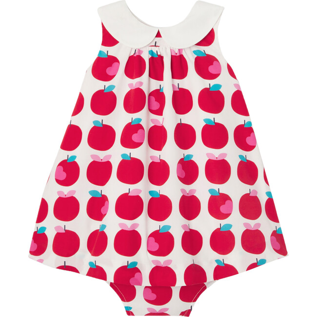 Baby Girl Apple Print Dress, White & Multicolours