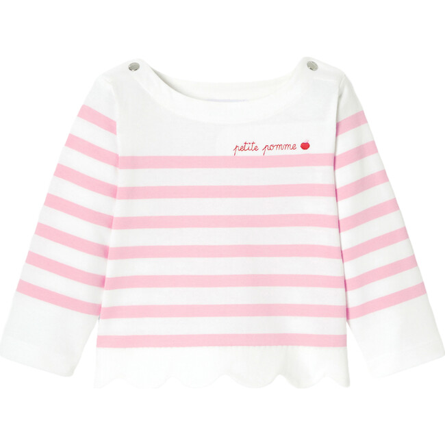 Baby Girl Embroidered Breton Tee, White & Pink