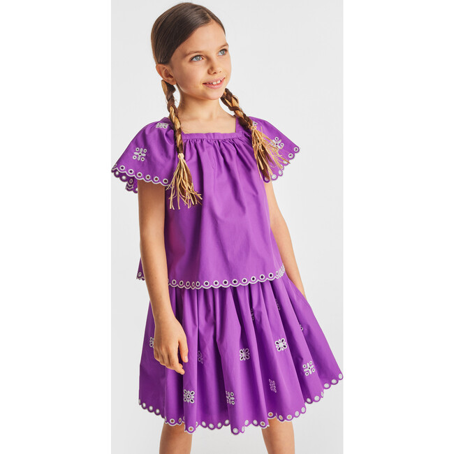 Girl Embroidered Ruffle Sleeve Blouse, Purple - Blouses - 8