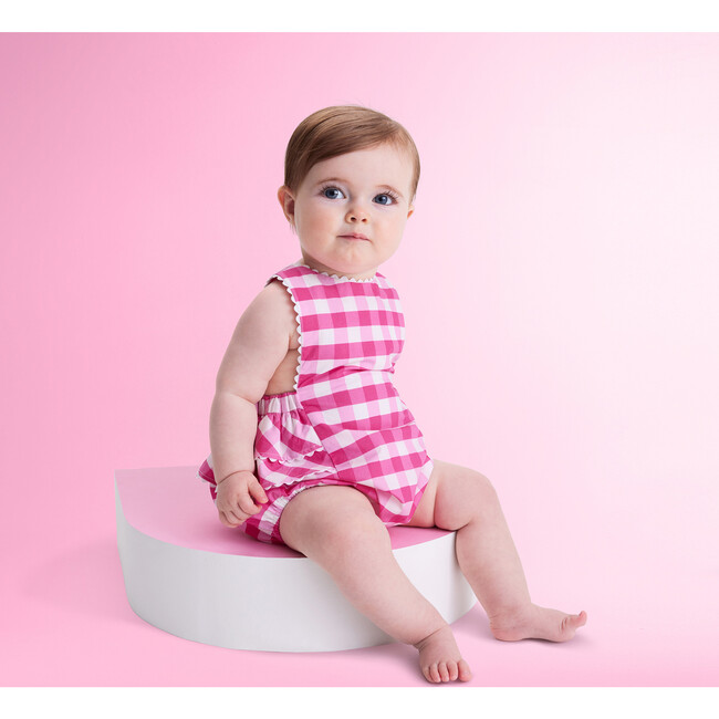Baby Girl Gingham Romper, Pink & White - Rompers - 5