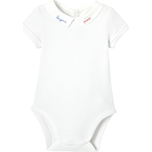 Baby Boy Embroidered Short Sleeve Bodysuit, White
