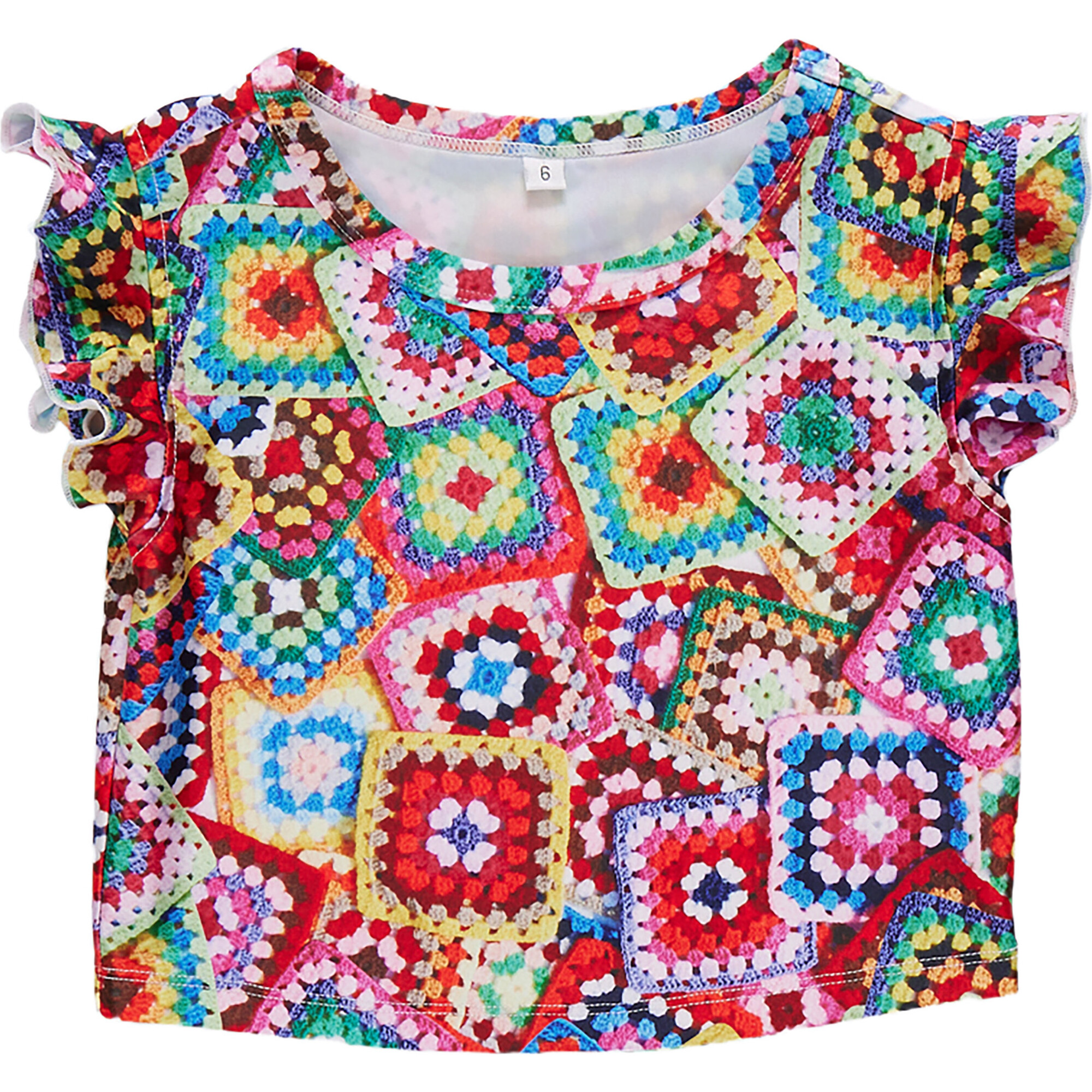 Girls Ruffle Crop Top, Granny Squares - Shirts - 1