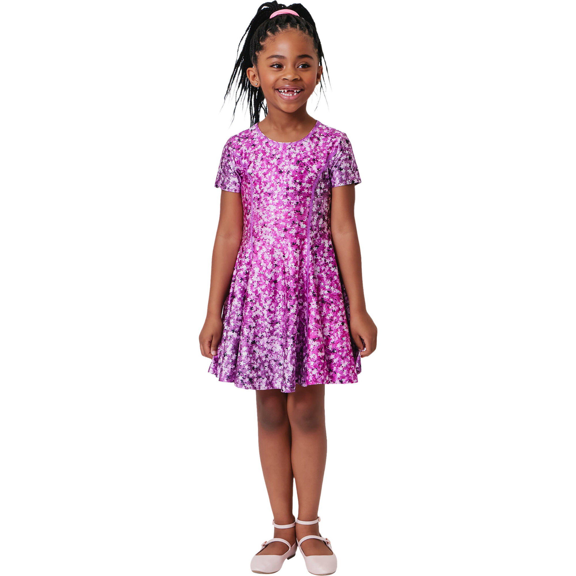 Girls Cap Sleeve Skater Dress, Pink Confetti Foil Stars - Dresses - 1