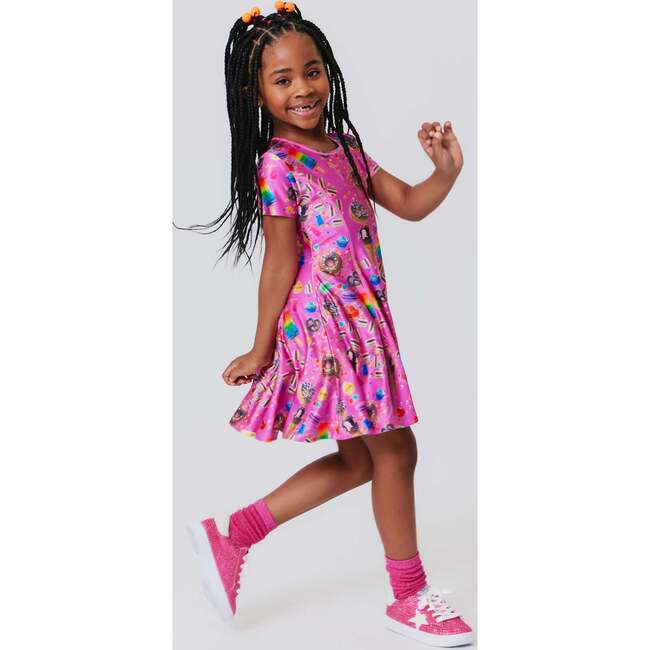 Girls Cap Sleeve Skater Dress, Pink Candy Spill - Dresses - 3