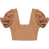 Women's Long Beach Ruffle Puff Sleeve Top, Tan - Blouses - 1 - thumbnail