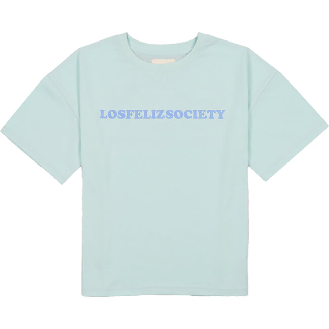 Smiley Print Crew Neck Relaxed Sleeve Tee, Light Blue